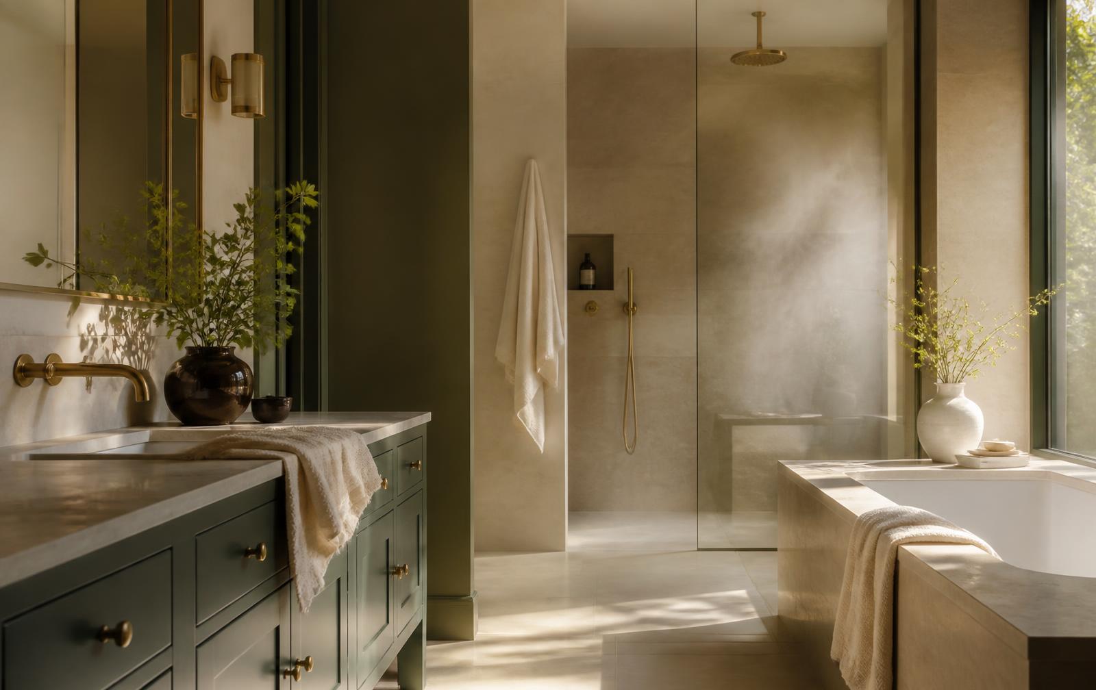 A bathroom with tiled walls and a glass shower screen, lit by daylight