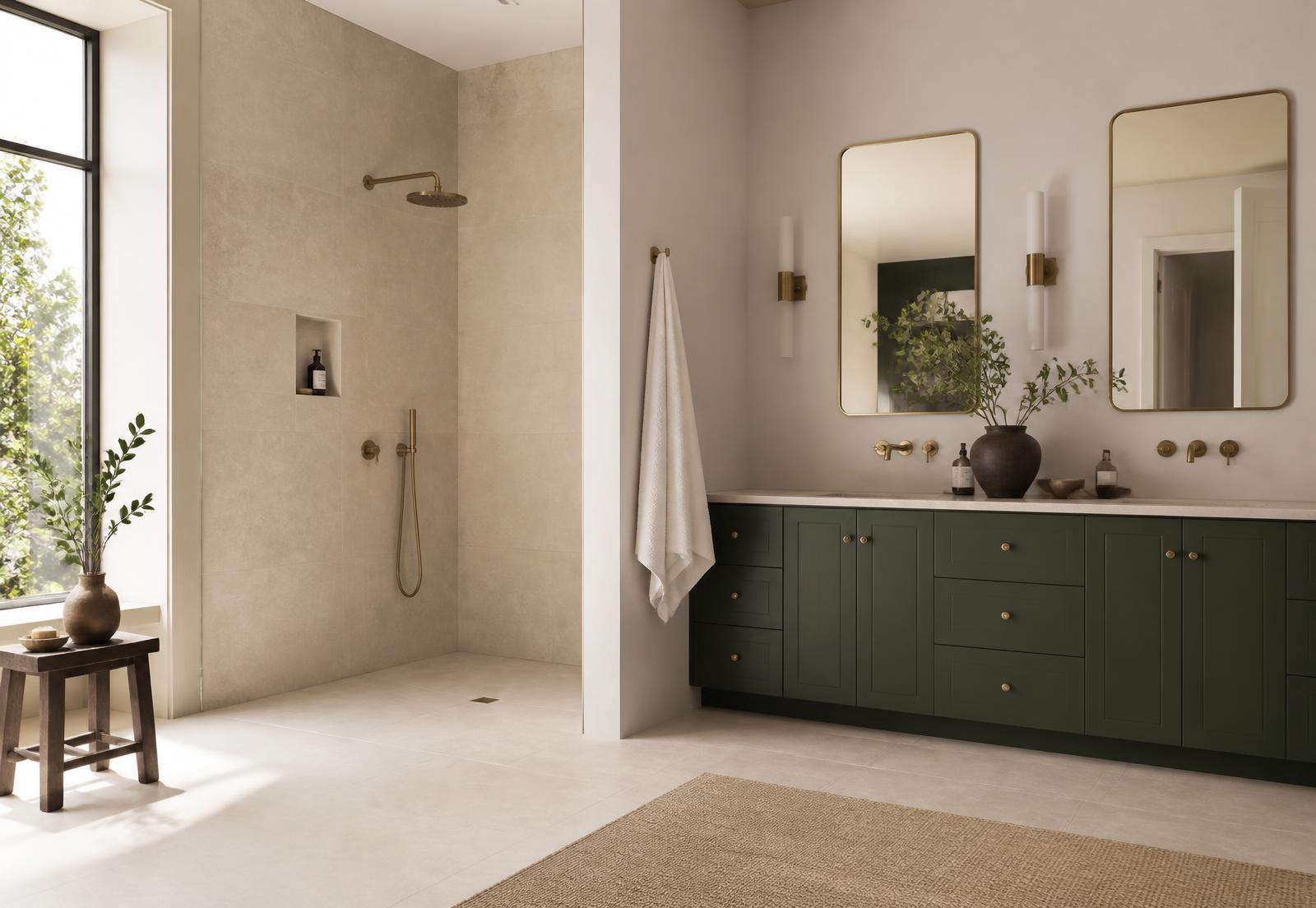 A remodeled bathroom with tiled walls, a glass shower panel and a wood vanity