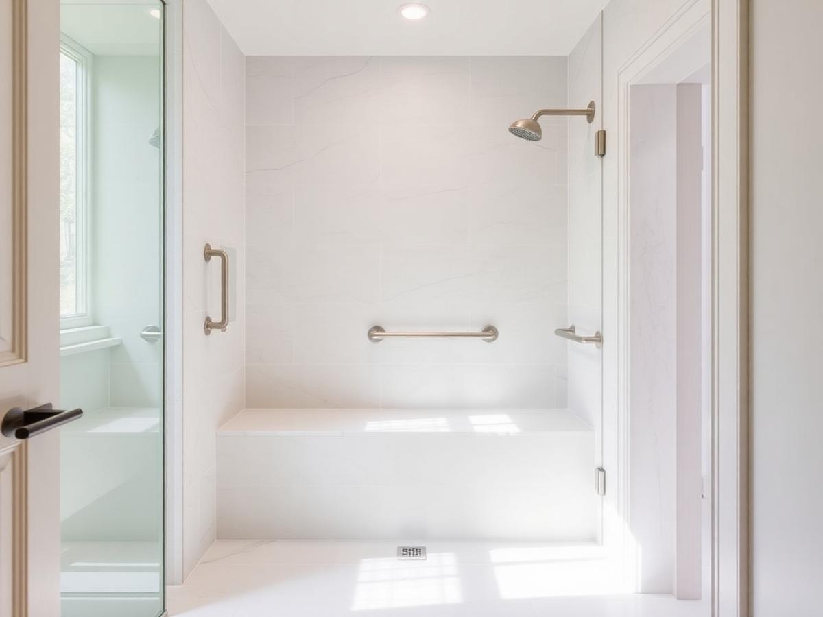 A curbless shower with a bench seat and grab bars at reachable heights