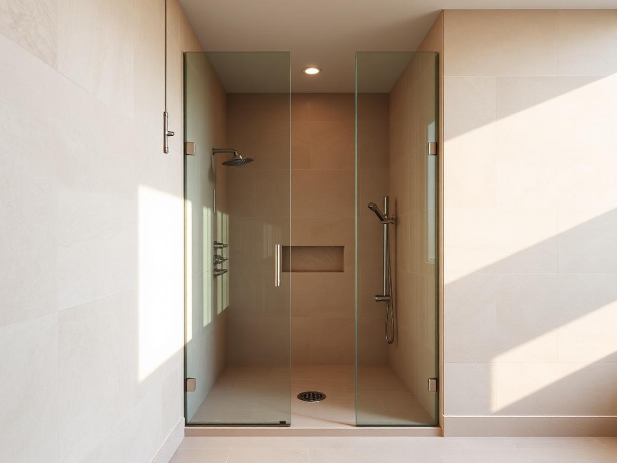 A walk-in shower with a low threshold, tiled walls and a glass panel